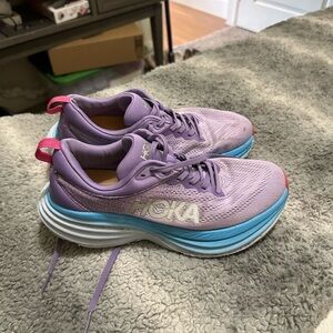 Hoka Women's Bondi 8 Lavender and Aqua Running Shoes